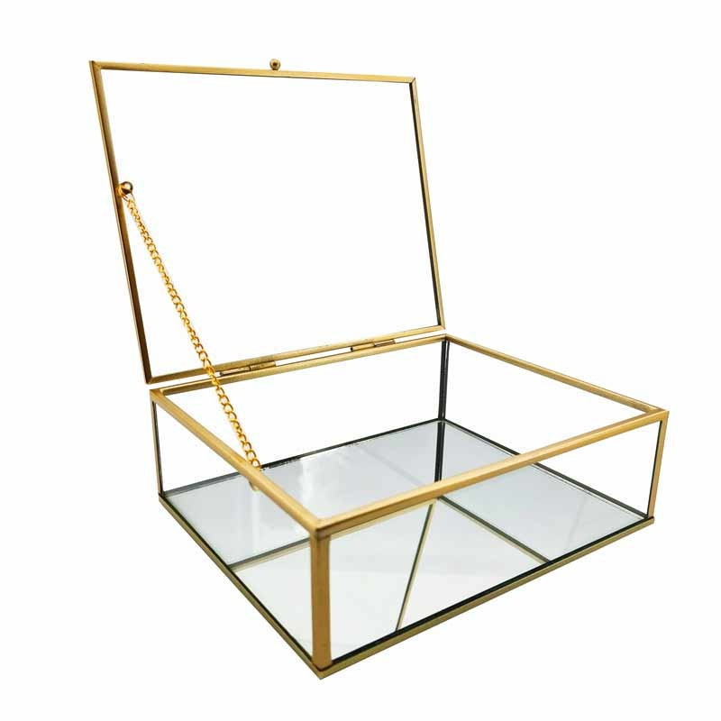 Caja grande para joyas de metal dorado y vidrio con fondo de espejo, 25 x 17,5 x 8,5 cm