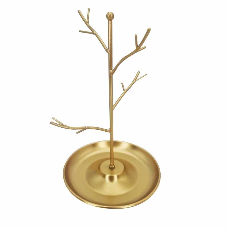 Árbol joyero de metal dorado con base en forma de cuenco