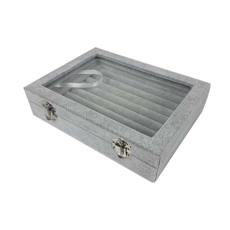 Lot de 5 petites mallettes vitrées pour bagues en velours gris - 17070x5