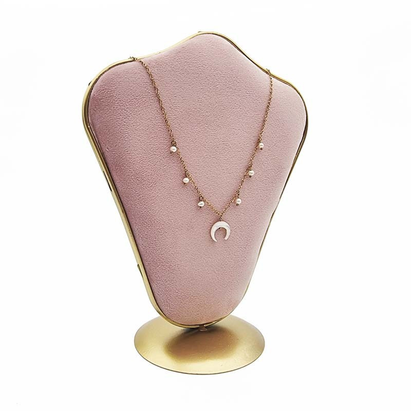 Buste bijoux en métal doré et velours bicolore rose poudré et bleu canard-19036