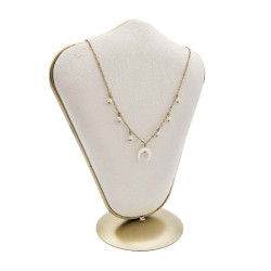 Busto para joyas de metal dorado y terciopelo bicolor crudo y gris ratón