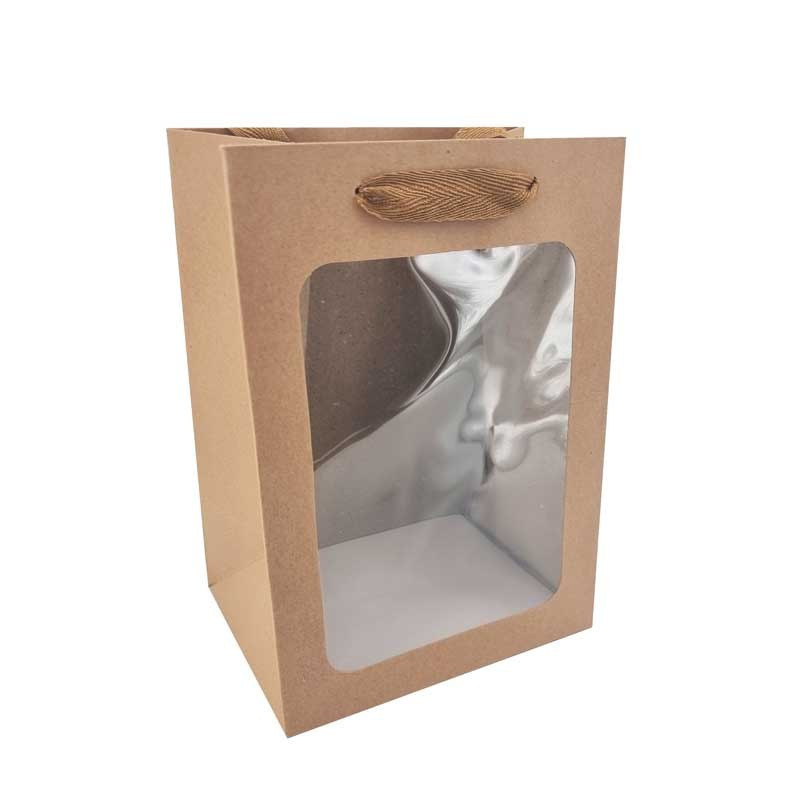 Lote de 12 bolsas de regalo grandes con ventana - 25 x 18 x 35 cm - kraft marrón
