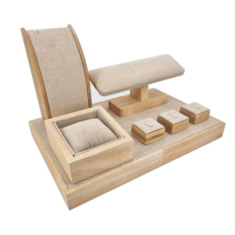 Petit plateau nu de présentation vitrine en bois et en coton beige naturel -18020