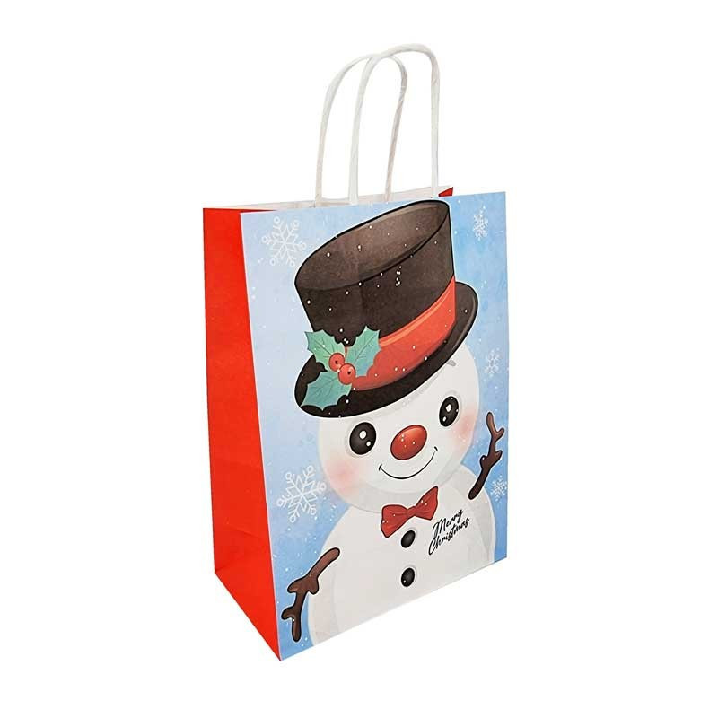 12 bolsas de papel kraft para niños, azul, con motivo de muñeco de nieve, 15 x 21 x 8 cm