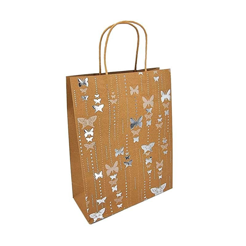 12 bolsas pequeñas de papel kraft marrón con motivo de mariposas plateadas 12x7x17 cm