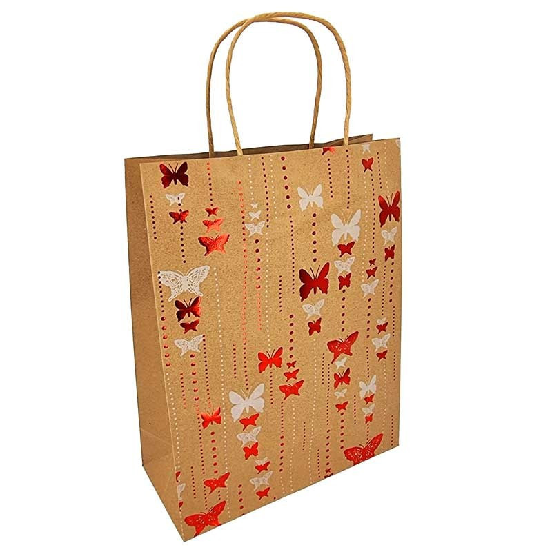 12 bolsas grandes de papel kraft natural con estampado de mariposas rojas, 24,5 x 10,5 x 31 cm