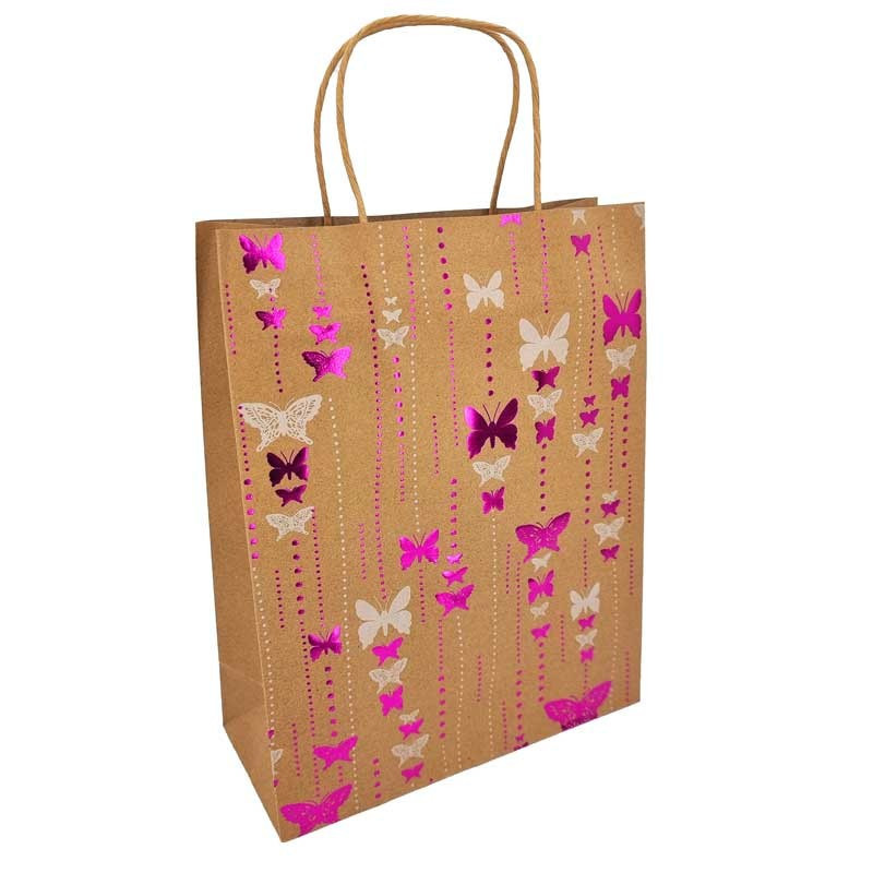 12 bolsas grandes de papel kraft natural con estampado de mariposas rosas, 24,5 x 10,5 x 31 cm