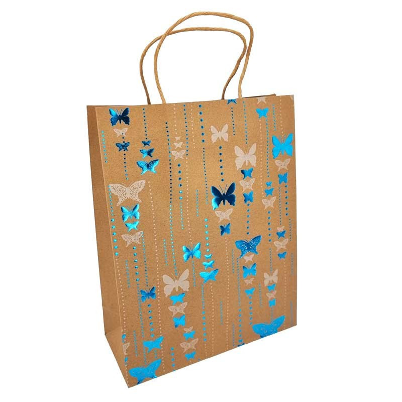 12 bolsas grandes de papel kraft natural con estampado de mariposas azules, 24,5 x 10,5 x 31 cm