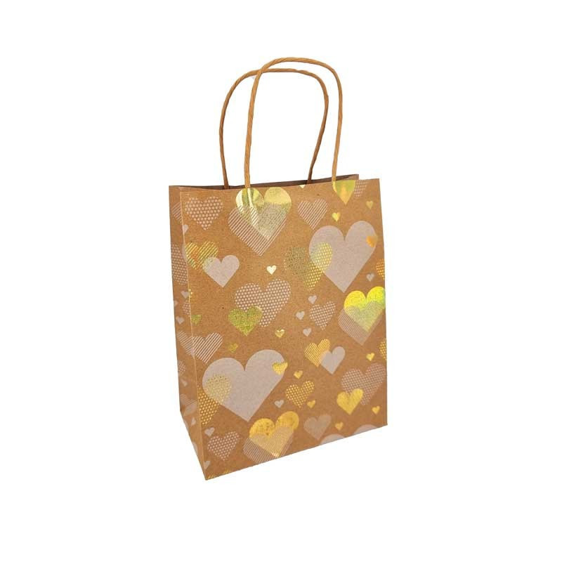 12 bolsas pequeñas de papel kraft marrón con motivo de corazones dorados, 12 x 7 x 17 cm