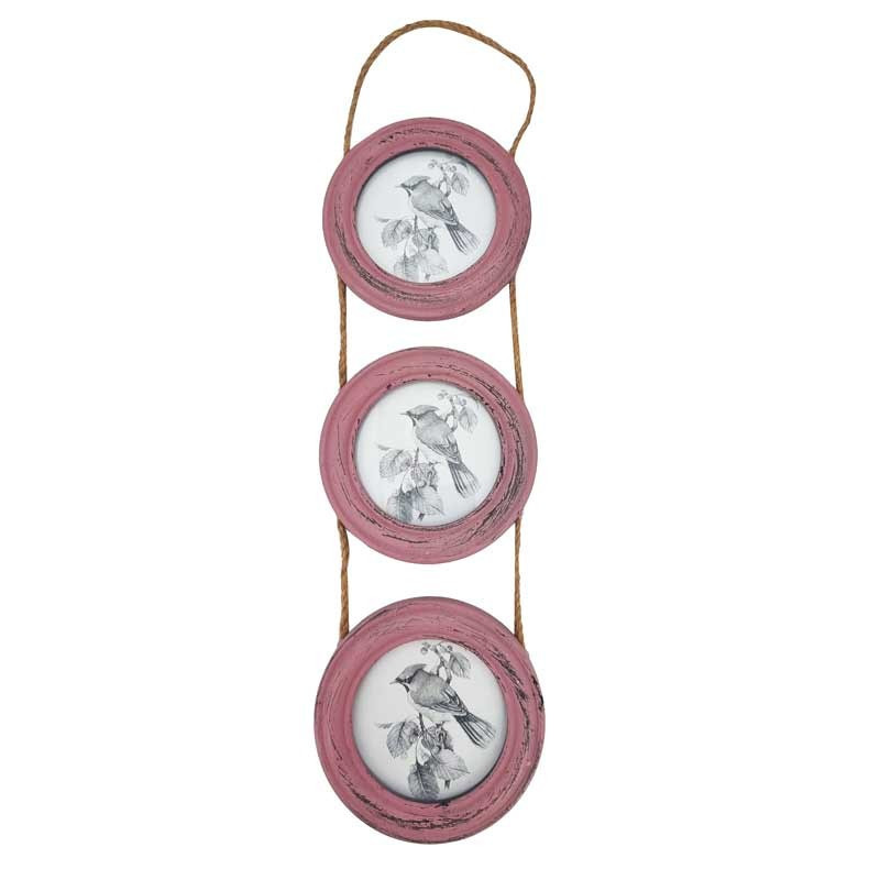 Decoración de pared con 3 marcos redondos para fotos de madera rosa envejecida