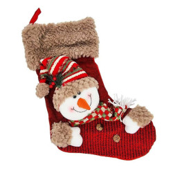 Calcetín decorativo de navidad rojo con motivo de muñeco de nieve
