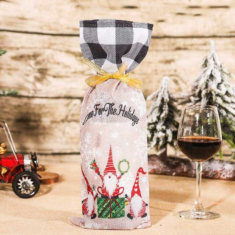 1 bolsa de yute para botella con motivo de navidad de cuadros negros