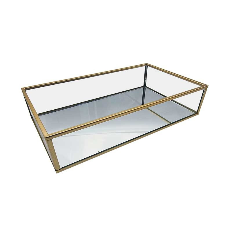 Plateau à bijoux en métal doré et en verre fond miroir 24x14x5.5cm
