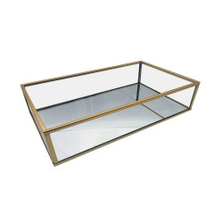 Bandeja para joyas de metal dorado y vidrio con fondo de espejo, 24 x 14 x 5,5 cm