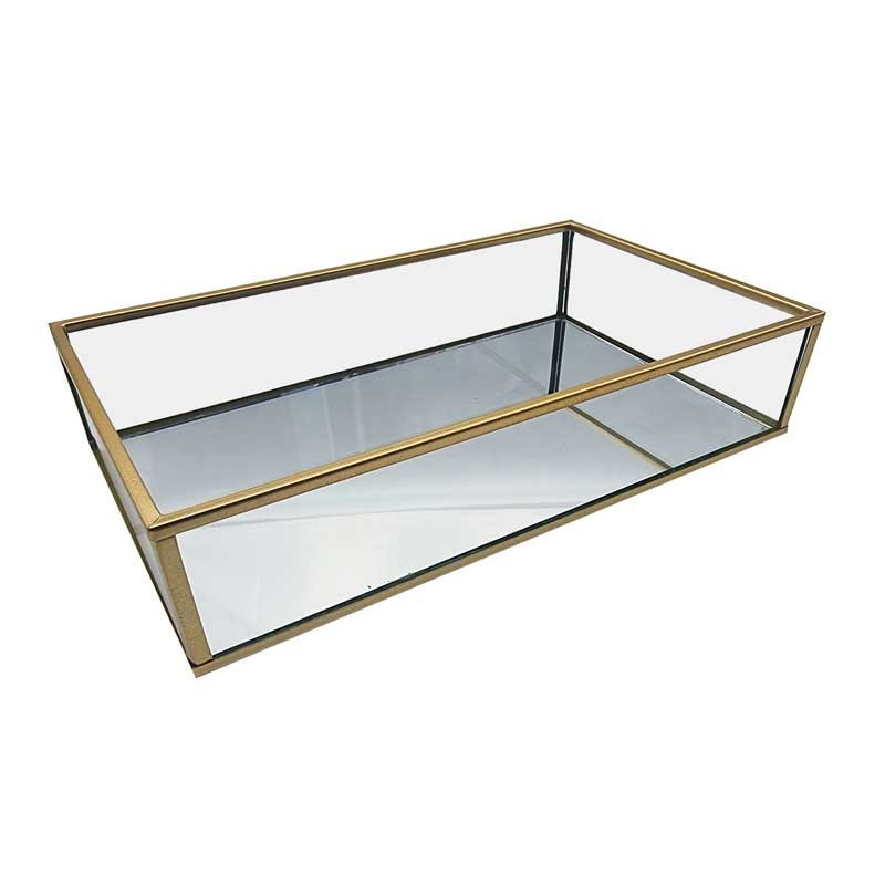 Grand plateau à bijoux en métal doré et en verre fond miroir 29x17.5x6.5cm
