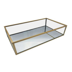 Bandeja grande para joyas de metal dorado y vidrio con fondo de espejo, 29 x 17,5 x 6,5 cm