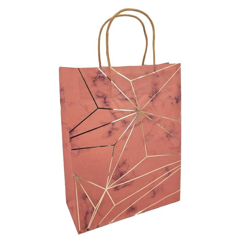 12 bolsas de papel kraft color rosa marmolado con motivos dorados, 24,5 x 10,5 x 31 cm