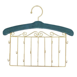 Percha decorativa de pared para joyas de metal dorado y terciopelo azul pato