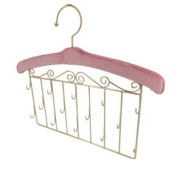 Perchero decorativo de pared para joyas de metal dorado y terciopelo rosa