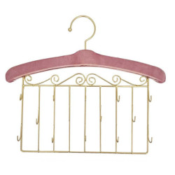 Perchero decorativo de pared para joyas de metal dorado y terciopelo rosa