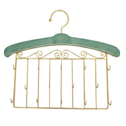 Perchero decorativo de pared para joyas de metal dorado y terciopelo verde almendra