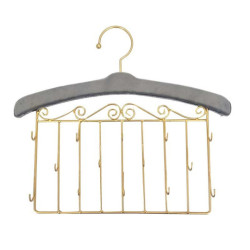 Perchero decorativo de pared para joyas de metal dorado y terciopelo gris ratón