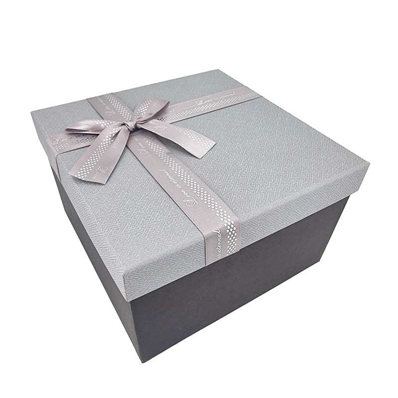 Caja de regalo grande en gris acero y gris perla con lazo de cinta satinada 23x23x14 cm