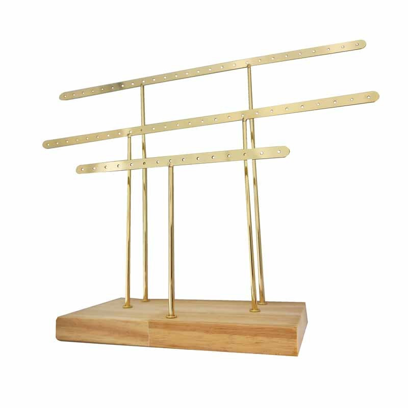 Grand porte boucles d'oreilles en forme de T en métal doré et en bois