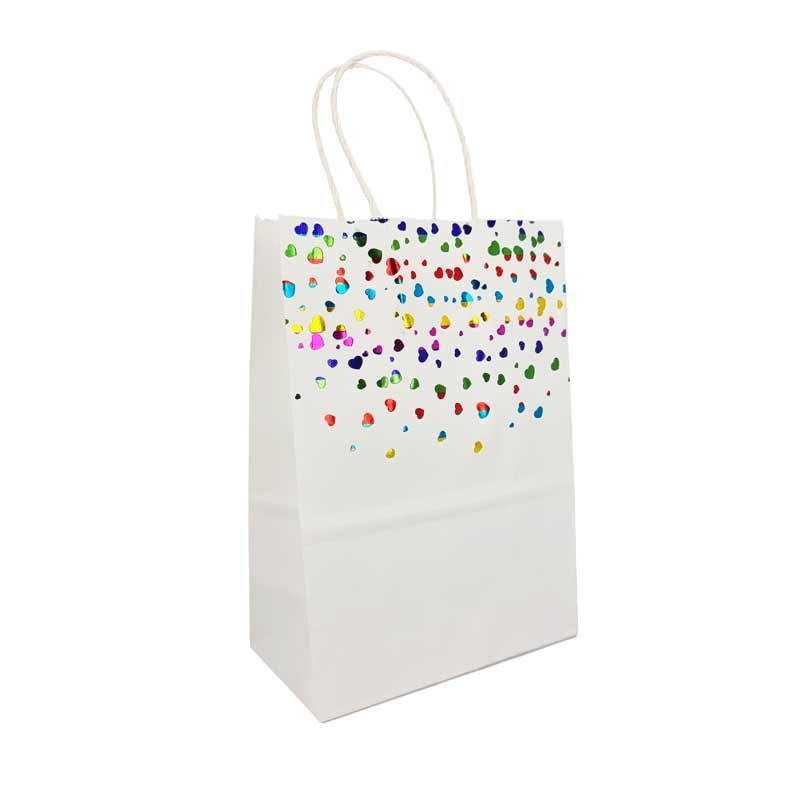 12 bolsas de papel kraft blancas con corazones multicolores 15x8x21 cm