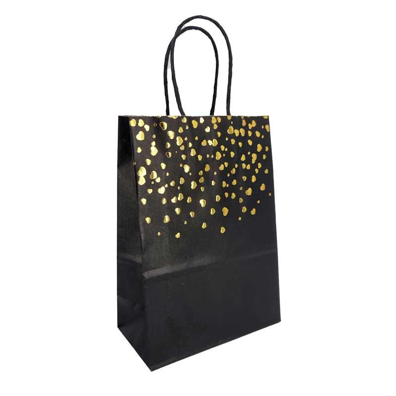12 petits sacs papier kraft noir à cœurs dorés 15x8x21cm - 14421