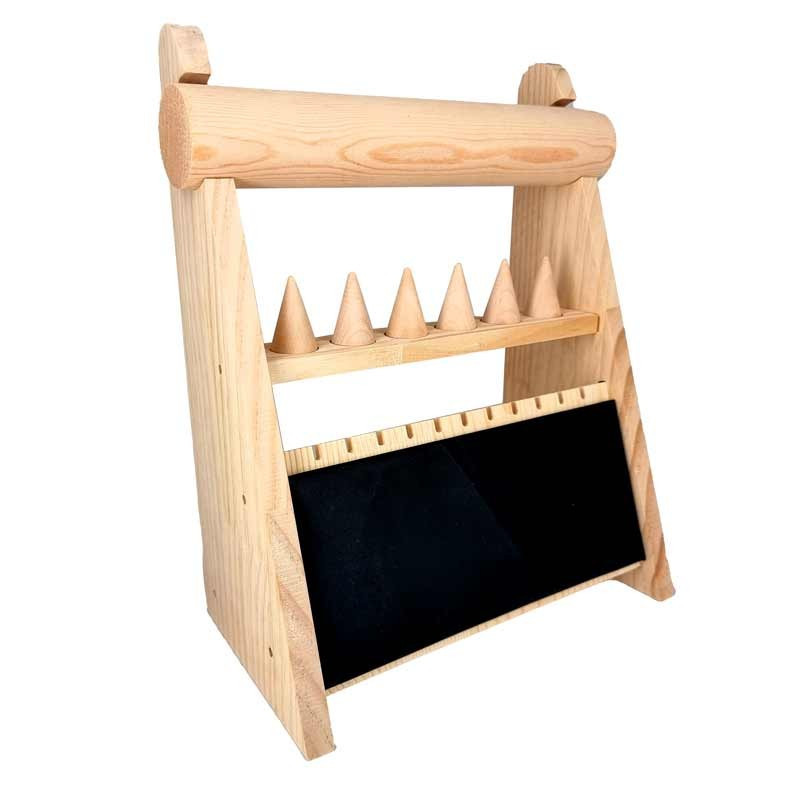 Soporte para joyas de madera y símil piel negra para collares, anillos y pulseras
