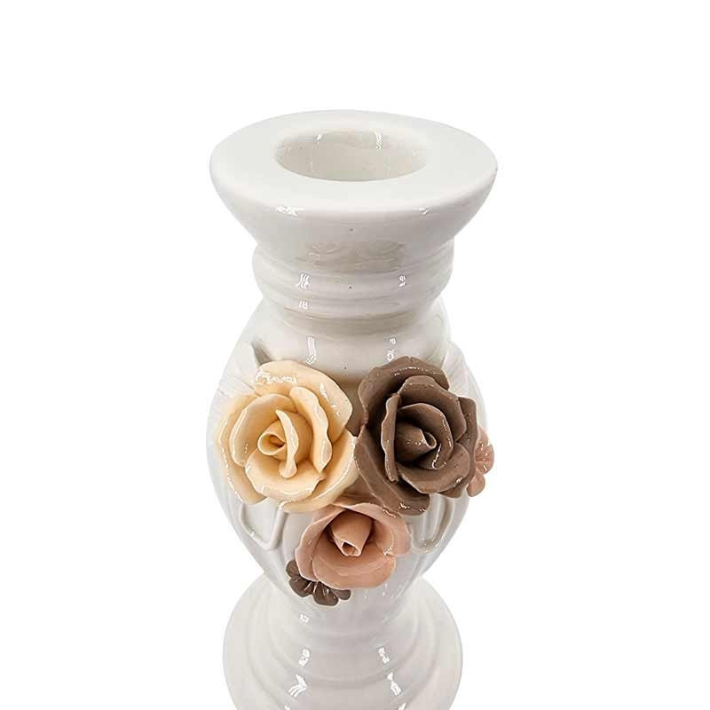 Bougeoir haut en céramique blanc décoration de roses en relief