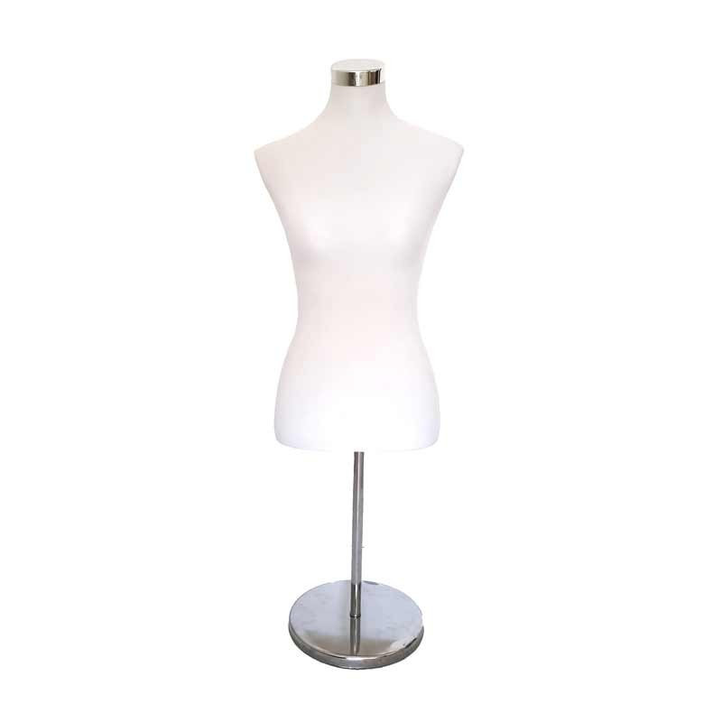 Busto de costura de mujer de tela blanca y base de metal