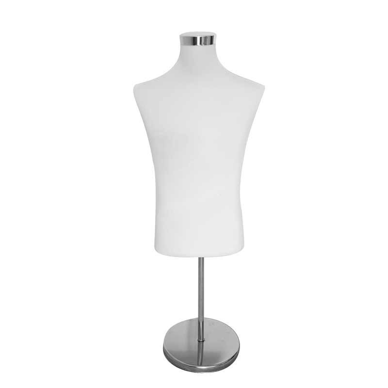 Busto de sastrería de hombre de tela blanca y pie de metal