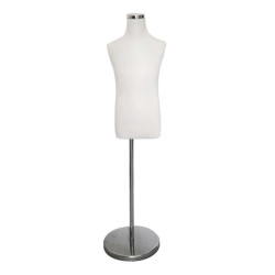 Busto de costura infantil con funda de tela blanca y base de metal