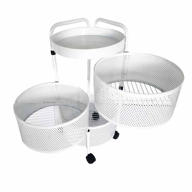 Mueble redondo con ruedas y 3 cajones giratorios de metal blanco