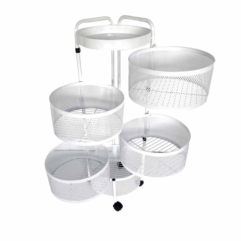 Carrito con ruedas con 5 cestas giratorias de almacenamiento de metal blanco