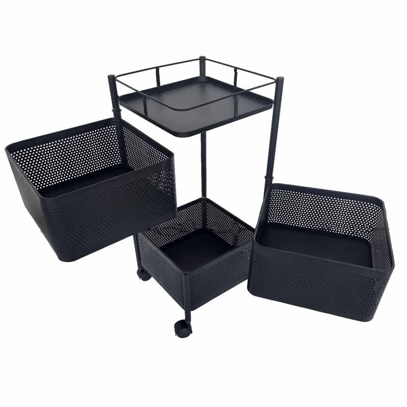 Pequeño mueble de almacenamiento con ruedas y 3 cajones giratorios de metal negro