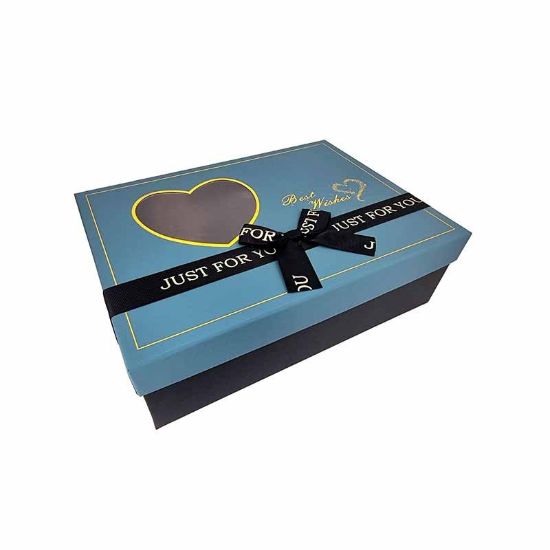 Caja de regalo con tapa y ventana en forma de corazón 23x17x7 cm - Azul pato