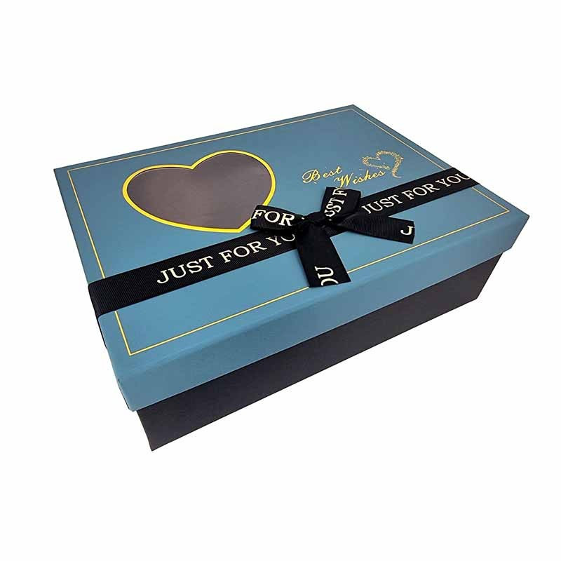 Caja de regalo grande con ventana en forma de corazón 29x21x9 cm - Azul pato