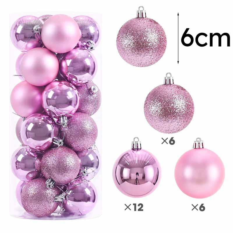 Pack de 24 bolas de navidad de 6 cm - rosa