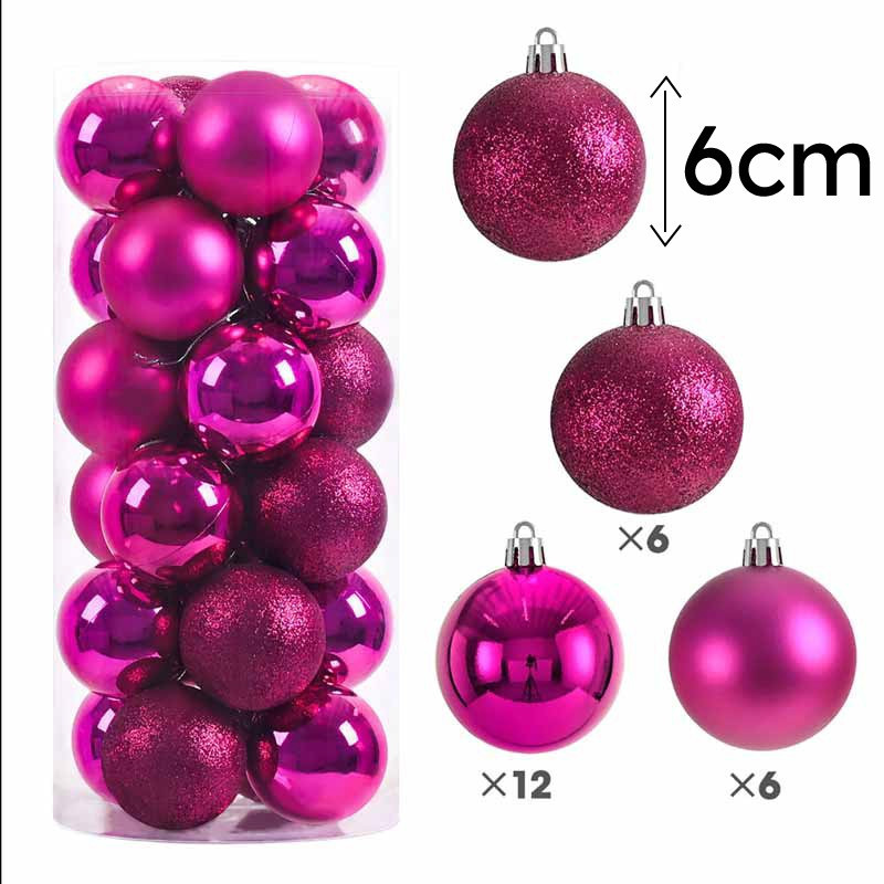 Pack de 24 bolas de navidad de 6 cm - rosa fucsia
