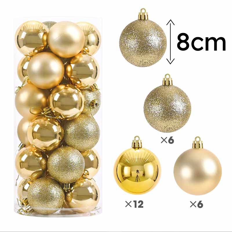 Lote de 24 bolas de navidad de 8 cm - doradas