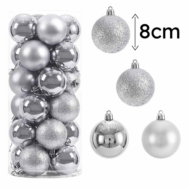 Set de 24 bolas de navidad de 8 cm - plateadas