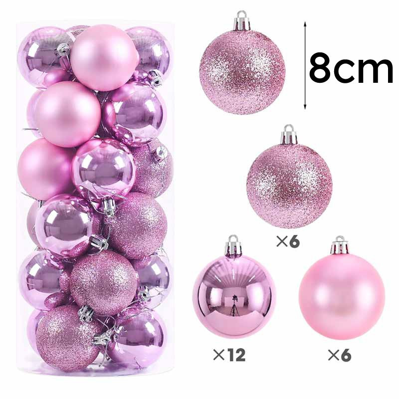 Lote de 24 bolas de navidad de 8 cm - rosa