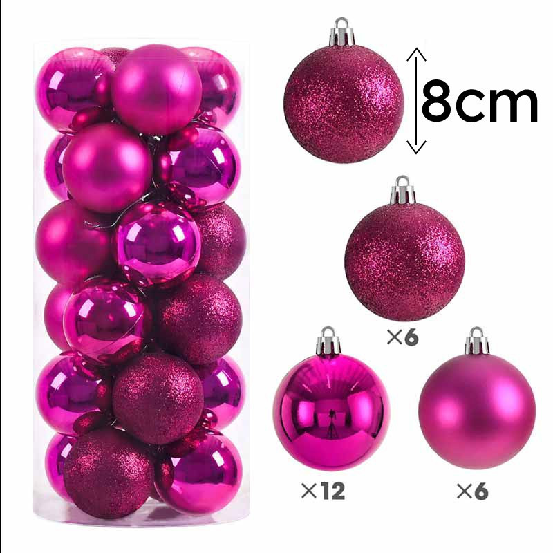 Set de 24 bolas de navidad de 8 cm - rosa fucsia