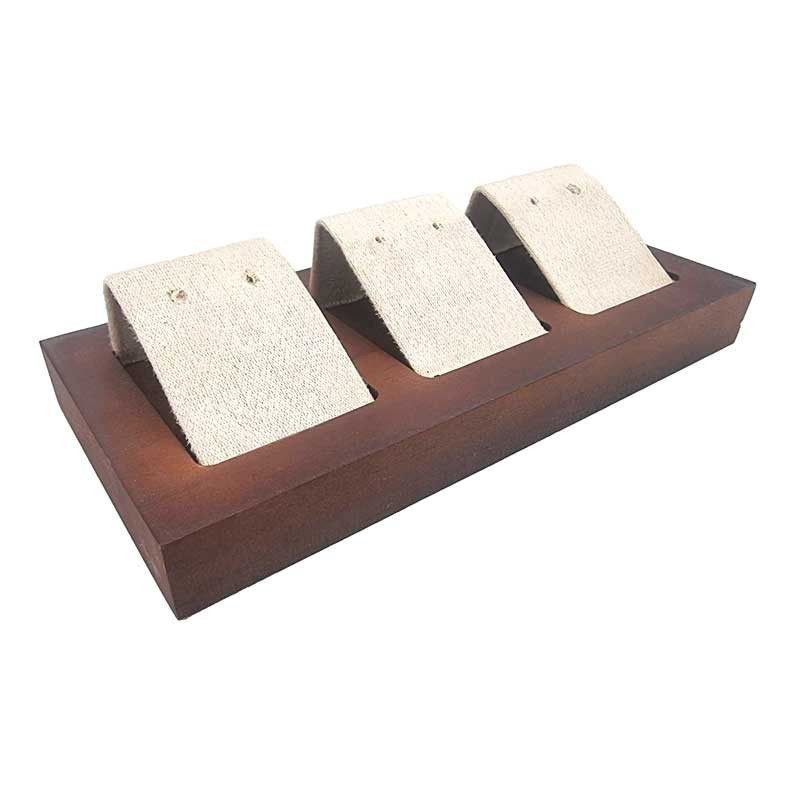 Petit porte boucles d'oreilles triple en bois foncé et suédine beige