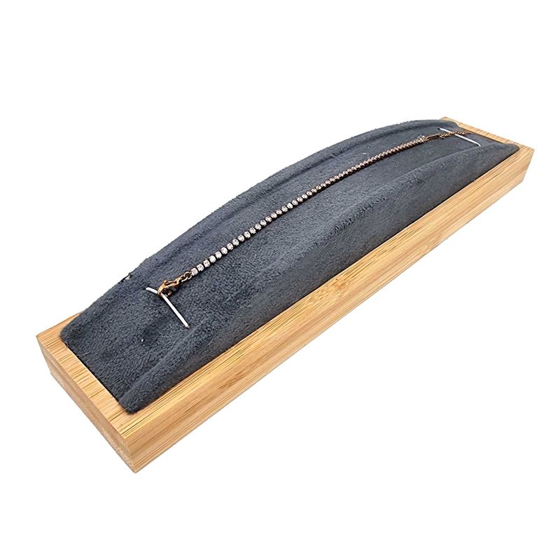 Support à bracelet bombé en bois de bambou et en suédine grise