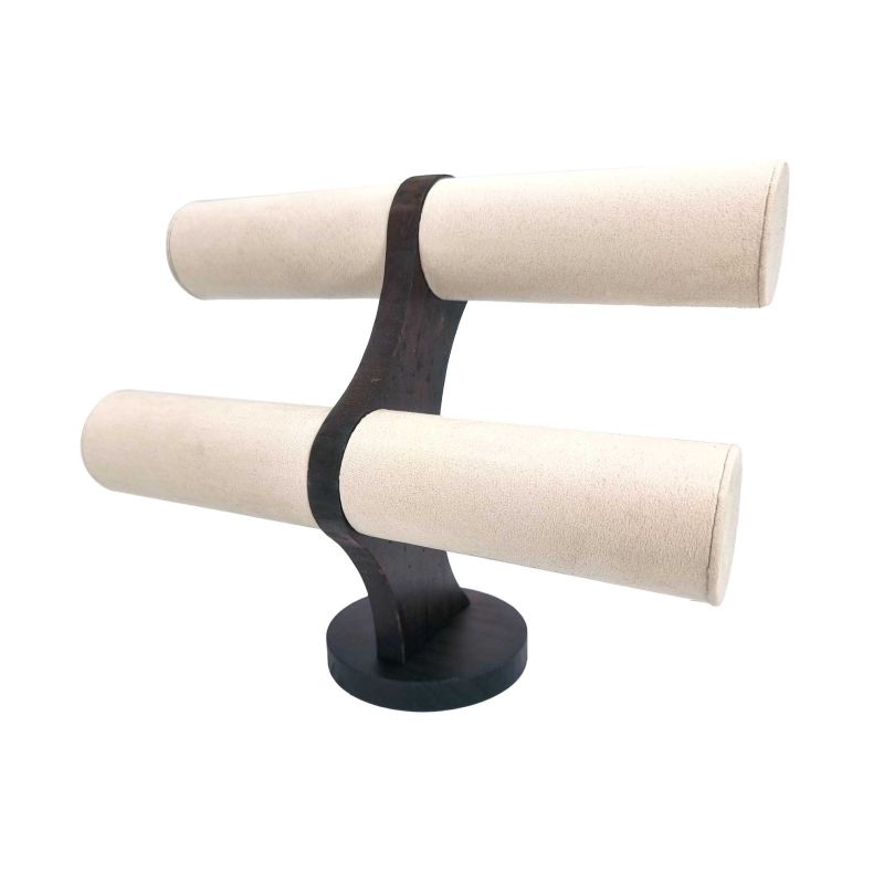 Soporte para pulseras de 2 niveles de madera con acabado de nogal y ante beige de lino