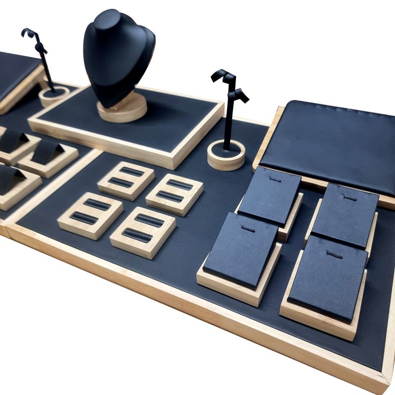Grand set de présentoirs à bijoux pour vitrine en simili cuir noir